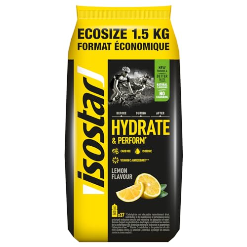 Isostar Hydrate & Perform, 1.5 kg de Bebida Electrolítica Isotónica, Bebida de reposición de hidratos de carbono y electrolitos, Sabor Limón, 37 raciones
