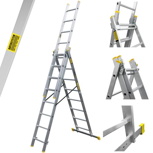 Bayersystem BS-DW 3x8 Mehrzweckleiter, 3x8 Sprossen, 3-teilige Alu-Kombileiter, bis 150 kg belastbar, max. Arbeitshöhe 5,27 m, Klappleiter, Multifunktionsleiter, Stehleiter, Silber/Gelb