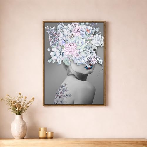 Image of Modern Floral Abstract Portrait Framed Canvas Painting For Living Room | Surreal Flower Woman Wall Art For Livingroom Wall Decor, Home Decor, Bedroom, Hallway's, Office, Hotel - 43x58 cm