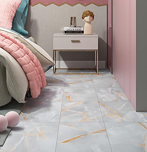 FunStick 30 Pack Peel and Stick Floor Tile Waterproof 12 x 12 Inch Grey Gold Marble Vinyl Flooring Peel and Stick for Bathroom Floor Tile Stickers Kitchen Laundry Room Bedroom Garage Laminate Flooring
