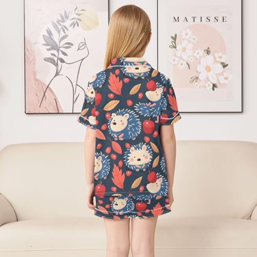 ALAZA Hedgehog Leaves Navy Blue Pajamas Satin Pajama Set Short Sleeve Button Down Sleepwear4