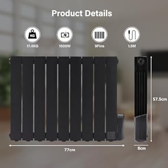 1500W Electric Oil Filled Radiators Wall Mounted Electric Heater 9 Fins Energy Efficient Electric Radiators with 7 Days/24H Timer and Thermostat,LED Display & Safe Lock for Home Use,Black