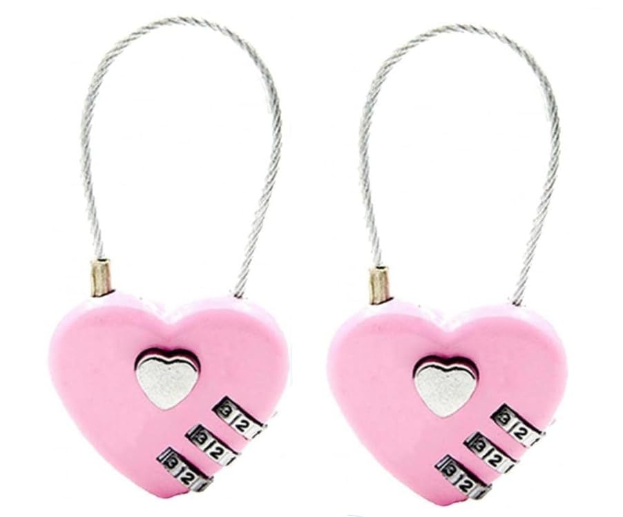 Image of 2Pcs Pink Combination Lock, 3 Digit Heart Shaped Wire Rope Padlock for School Gym Locker, Sports Locker, Fence, Toolbox, Case, Hasp Storage Combination Padlocks