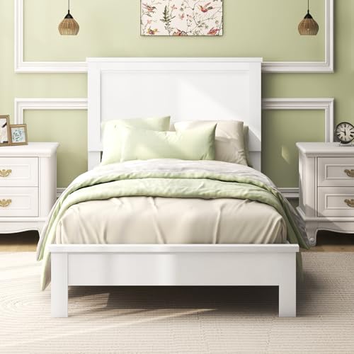 Giantex Wood Twin Bed Frames with Headboard, Mid Century Platform Bed Frame with Solid Wood Legs & Wooden Slat Support, Twin Bed Frames for Kids Adults, White Bed