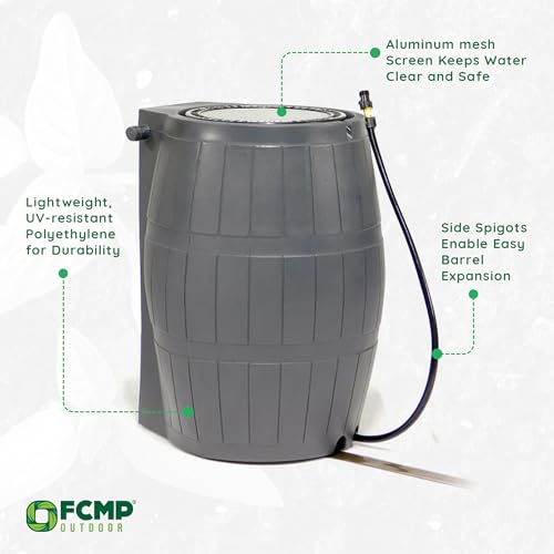 Image of FCMP Outdoor Raincatcher 4000, Flat-Back Rain Water Barrel, 50-Gallon, Gray - Rainwater Collection Storage Container w /Side Spigots, Mesh Screen, Garden and Overflow Hose & Linking Kit