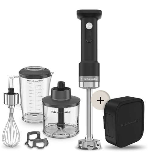 Kitchenaid Mixeur plongeant sans fil - Go Cordless - Mixeur portable avec Bol mélangeur de 1L - Fouet et haichoir inclus - Lame inox - Puissant - Protecteur...