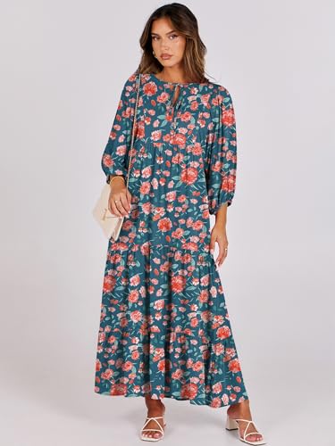 Image of ANRABESS Womens Boho Floral 3 /4 Puff Sleeve Maxi Dress | Tiered Flowy Loose Fit, Comfy Soft Rayon Fabric, Wedding Guest Church Beach, Modest Elegant, Spring Summer Fall Outfits