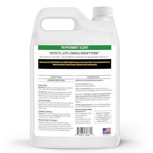 Natural Armor Animal & Rodent Repellent Spray. Repels Skunks, Raccoons, Rats, Mice, Deer Rodents & Critters. Repeller & Deterrent in Powerful Peppermint Formula – 128 Fl Oz Gallon Refill RTU