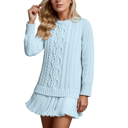 Damen Rundhals Zopfmuster Strickpullover Minikleid Plissiertes Doppelschicht Pulloverkleid mit Rock Frauen Weich Bequem Langarm Lässig Vielseitig...