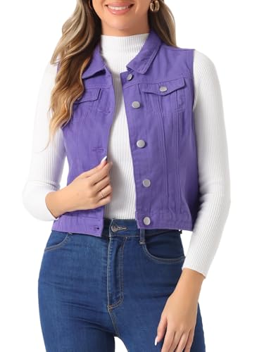 Allegra K Chaleco de mezclilla lavada con botones para mujer, bolsillos con solapa en el pecho, Púrpura, XL