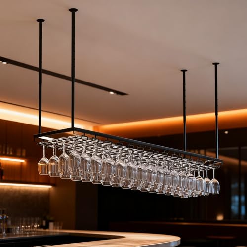 90CM Soporte para Copa de Vino Colgante de Metal, de Estilo Industrial y altura Ajustable, para Montar en el Techo Colgando Estante del Vidrio de Vino Bar Escritorio Bar Club (Negro, 90*35CM)