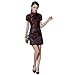 Cheongsam Dress for Women Qipao Slim Fit Short Sleeve Bodycon Mandarin Collar Side Slit Chinese Floral Print Dragon Dress (as1, Alpha, x_l, Regular, Regular, Black+Red Flower)