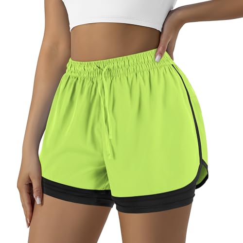 Yevrimow Women's 2 in 1 Running Shorts for Gym Yoga Workout Athletic Shorts High-Waisted Shorts with Liner Pockets Yellow-M