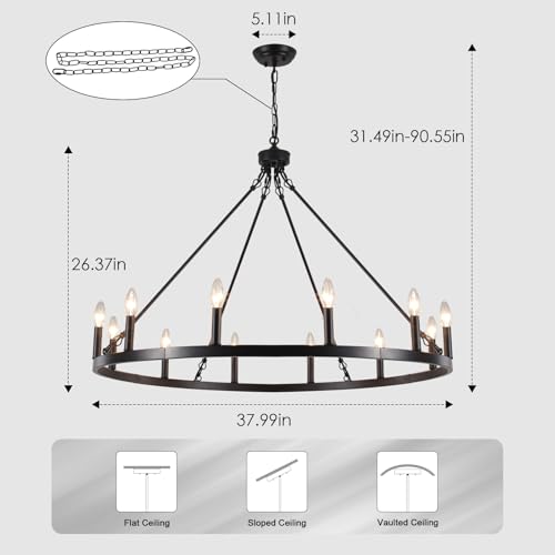 Image of 12-Lights Black Wagon Wheel Chandelier 38 inch Industrial Hanging Light Fixture for Dining Room Farmhouse Round Chandeliers for Living Room Foyer Hallway Kitchen Island Entryway