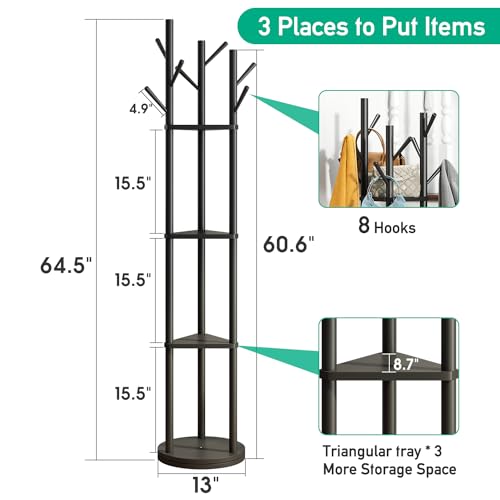 kiplant Rotary Coat Rack Stand with 8 Hooks, Black Bamboo Wood Coat Tree for Clothes/Bags/Hats, Large Coat Rack Freestanding for Entryway (Black_triangle)