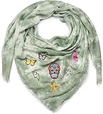styleBREAKER XXL Vierecktuch in Vintage Batik Optik mit Patches, Totenkopf, Flamingo, Sterne, Schmetterlinge, Pailletten, Schal, Tuch, Damen 01016143, Farbe:Oliv
