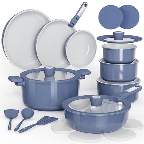 CAROTE 25pcs Ceramic Cookware Set, Pots and Pans Set Non Stick, Induction Kitchen Cookware Sets, Non Stick RV Cookware Set with Detachable Handle, Dishwasher/Oven Safe Cookware Set, Navy