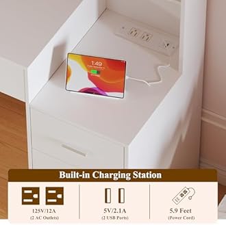 HUAHUU Large Vanity Desk with Mirror & Lights, White Makeup Vanity with 8 Drawers & 6 Storage Shelves, Vanity Set with LED Lights and Power Outlet, 3 Lighting Modes, Adjustable Brightness