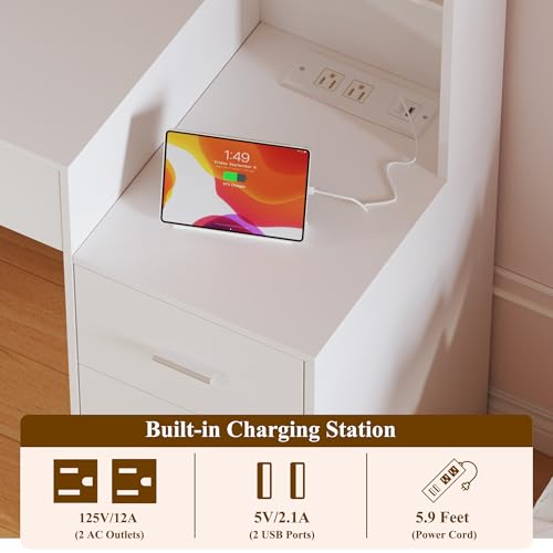 HUAHUU Large Vanity Desk with Mirror & Lights, White Makeup Vanity with 8 Drawers & 6 Storage Shelves, Vanity Set with LED Lights and Power Outlet, 3 Lighting Modes, Adjustable Brightness