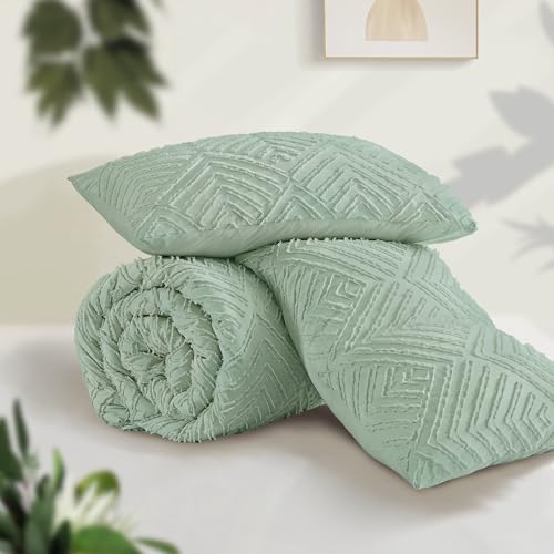 Image of Andency Full Comforter Sets Sage Green, Boho Lightweight and Fluffy Bedding Set for Full Bed, 3 Pieces Tufted Farmhouse Design for All Seasons (79x90Inches, 1 Comforter and 2 Pillow Shams)
