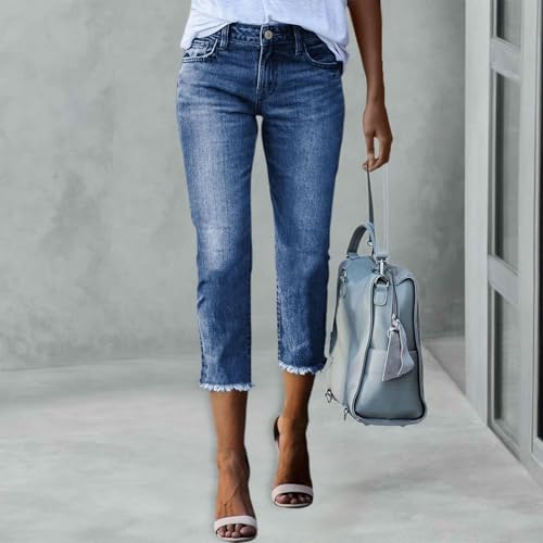 Womens Jeans Mid Rise Stretchy Capri Jeans Raw Hem Skinny Jean Capris Slim Jeggings Summer Blue Denim Capris2