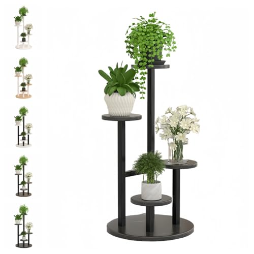 SJGEIDM フラワースタンド プランタースタンド フラワーラック 花棚 花台 アイアン+木製 防水 防サビ 観葉植物 50KG耐荷重 盆栽棚 植物棚 園芸ラック 鉢置きスタンド 組み立てが簡単 (【五層】通常タイプ,焼付塗装ブラックフレーム+ブラック)