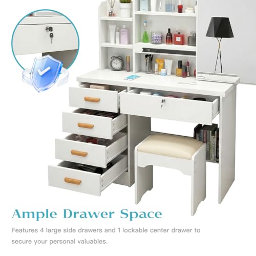 مكتب فانيتي مع مراة منزلقة من فيلفاريا، طاولة زينة صغيرة بعرض 80 سم مع 5 ادراج تخزين، طاولة مكياج صغيرة 80 سم مع درج قابل للقفل ومقعد مطابق (ابيض)