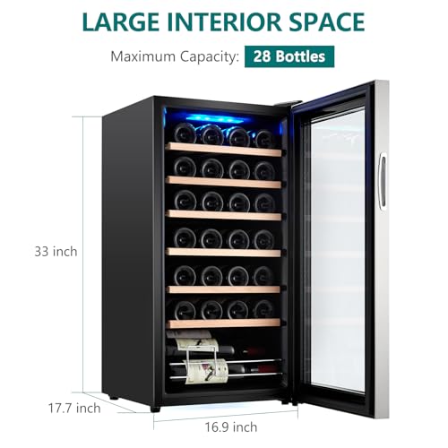 Takywep 28 Bottle Compressor Wine Cooler Refrigerator,Large Freestanding Wine Cellar, Glass Door Bar Fridge Quiet Compressor,41f-64f Digital Temperature Control Fridge Glass Door Black