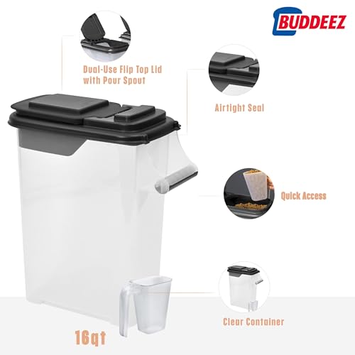 Buddeez Pet Food Storage Containers - Capacity Dog Food Storage Container, Cat Food Container, Bird Seed Storage Container, with Durable EZ Grip Handle, EZ Flip Lid & Scoop (2 Pack) 16 QT/16 LB