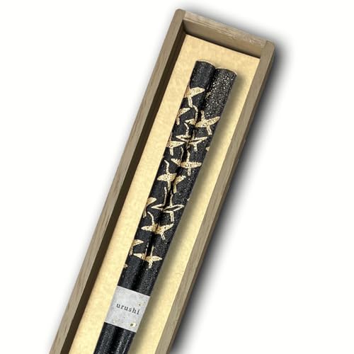 橋本幸作漆器店 千羽鶴 輪島うるし箸 乾漆仕上げ 桐箱入り 22.5cm 日本製 天然漆 高級 職人技 滑りにくい ギフト プレゼント (黒)