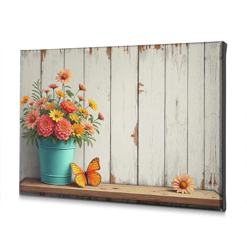 Toile murale bouquet de fleurs pot turquoise 40x60 tableau deco salon chambre