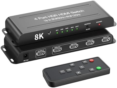 8K HDMI 2.1 Switch 4 in 1 Out, FERRISA 4K@120Hz HDMI Switcher Selector 4 Port with IR Remote Support 8K@60Hz, Auto Switch, HDCP 2.3, HDR 10+, VRR, CEC for Xbox, PS5, Fire Stick, Projector