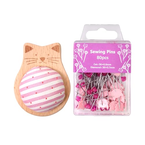 Cute Cat Pin Cushion KitAdorable Pincushion with 80 Craft Positioning Pins Wooden Base Pin Cushions for Sewing Quilting and Needlepoint DIY Projects
