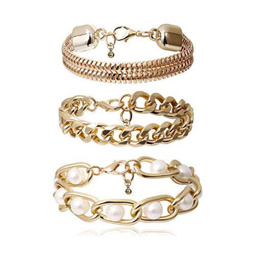 Bohend Moda Layered Bracciali Oro Perla Regolabile Mano Catena a più strati Metallico Braccialetto Gioielleria per donne e ragazze