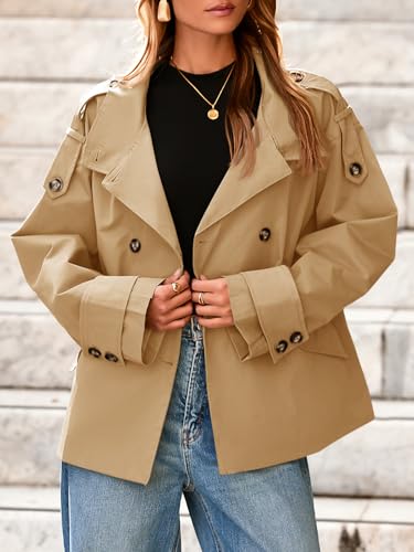 Tankaneo Womens Short Trench Coat Oversized Double Breasted Stand Collar Cropped Jacket Fall Casual Work Outerwear2
