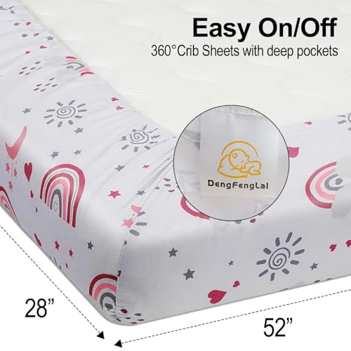 Image of 4 Pack Sun & Rainbows Crib Sheets Girl, Breathable Soft Microfiber Fitted Baby Crib Sheets, 28 X 52 in Crib Mattress Sheets for Standard Crib & Toddler Mattress