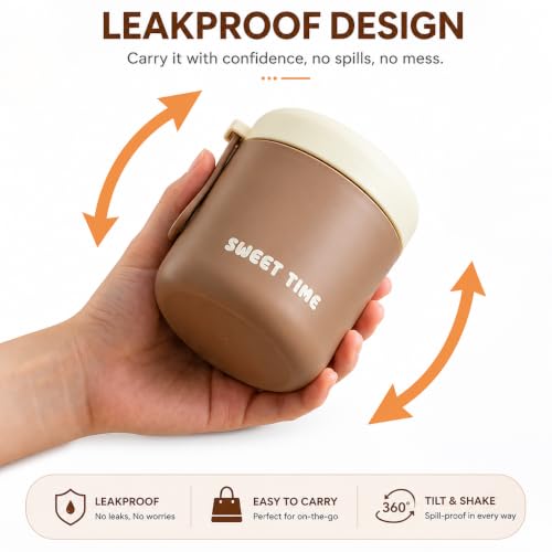 Image of Portable Food Container 430ml with Spoon | Silicone Sealed Lid & Pressure Release Vent | Compact Lunch Pot with Carry Loop for Snacks Meals Office School & Travel - Coffee