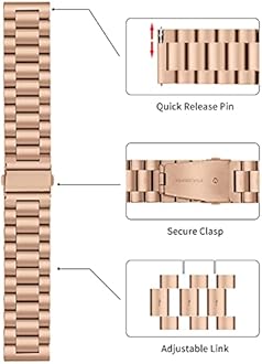 TStrap Metal Watch Strap - Quick Release Watch Bands for Men Women - Brushed Solid Stainless Steel Smart Watch Bracelet - Ladies Replacement Band Clasp Buckle - 16mm 18mm 20mm 22mm