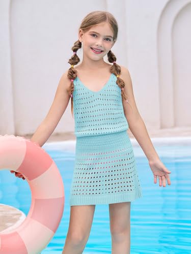 Image of Haloumoning Girls Sleeveless Crochet Swimsuit Cover Up Kids Summer Hollow Out Knitted Beach Dress 7-14 Years