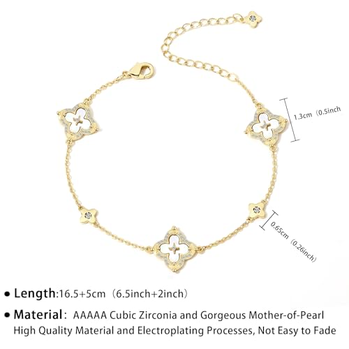 FEEL STYLE Clover Bracelet for Women - 14K Gold/Silver Plated Charm Bracelet with Mother of Pearl & Cubic Zirconia - Lucky Four Leaf Jewelry Gift Adjustable 6.5"+2" Extender4