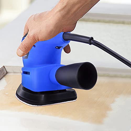 Detex - Lijadora de mano eléctrica de 130 W, 12000 rpm, con caja de recogida de polvo y 6 hojas de lija para bricolaje, acabado de muebles, eliminación de pintura, madera, metal