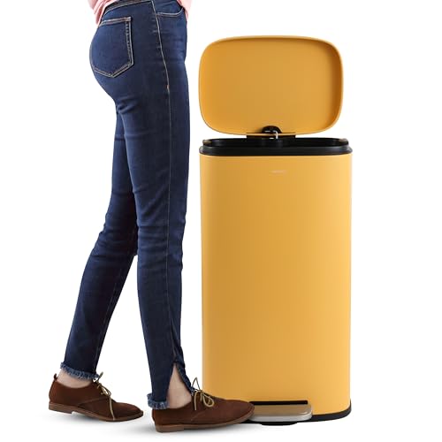 Image of happimess Curtis 8 Gal Step Trash Can Soft Close 25 inch, Daffodil Yellow | Iron Construction, Satin Finish, Removable Liner, Steel Pedal, 20 Trash Bags Included, Kitchen Office Bin