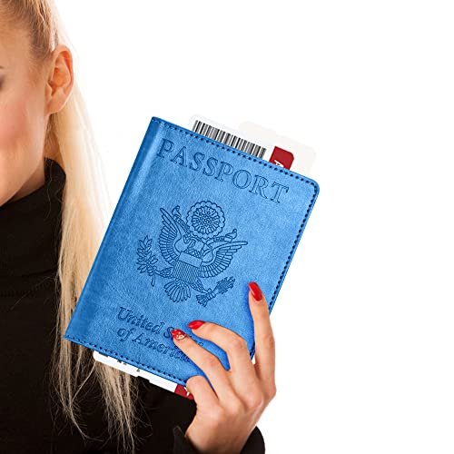 Image of Eoehro Unisex-Adult Passport and Vaccine Card Holder Combo, Sky Blue, Faux Leather, RFID Protected