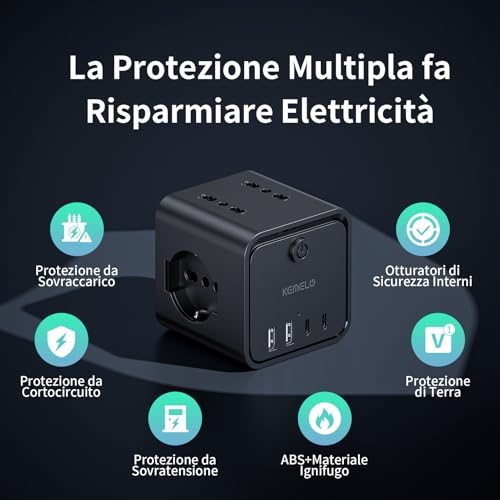 Ciabatta Elettrica Multipresa con 4 Prese Universali 10/16A ITA e Schuko, 2 M Prolunga Elettrica con 2 USB A+2 USB C,Presa Multipla Spina Piatta Salvaspazio con Interruttori per Casa, Ufficio Nero - Powerline - Immagine 6