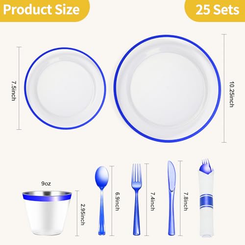 Goodluck 175 Piece Dark Blue Plastic Dinnerware Set for Party, Clear Disposable Plates for 25 Guests, Include: 25 Dinner Plates, 25 Dessert Plates, 25 Pre Rolled Napkins with Cutlery Set, 25 Cups - Thumbnail 4
