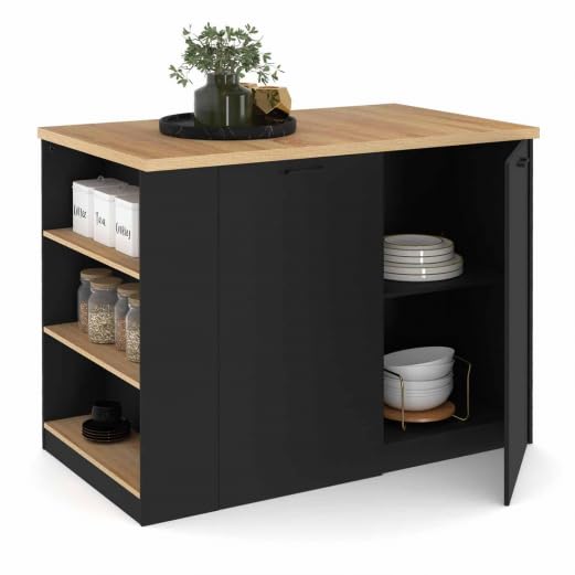 IDMarket – Ilot Central TIBO 120 cm madera negra con encimera de haya