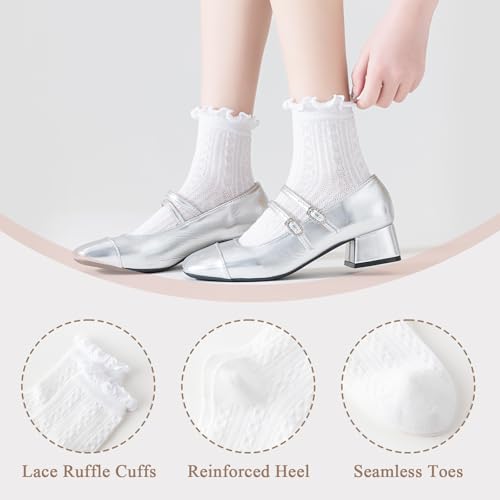 Image of Mcool Mary Womens Crew Socks Ruffle Casual Cotton Frilly Breathable Cute Knit Lettuce Trim Dress Ankle Socks 6 Pack