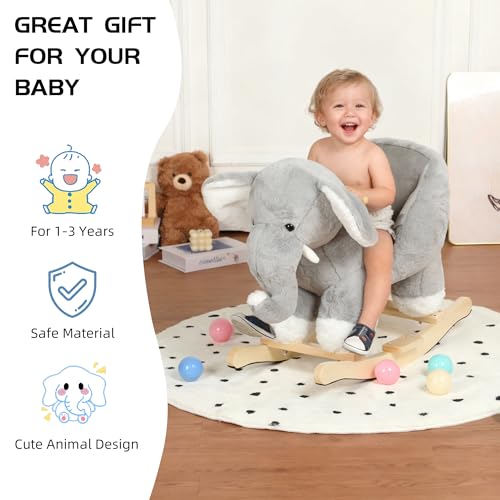 Baby Rocking Horse, Plush Elephant Riding Horse with Music, Wooden Rocking Horse for Toddlers 1 Year Old, Gray Stuffed Ride-on Rocker Animals Toy for Baby Boys and Girls Christmas Birthday Gift Gray