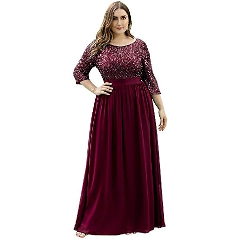 Ever-Pretty Plus Vestido de Fiesta Largo Manga 3/4 Gasa A-línea Escote Redondo con Lentejuelas para Mujer Elegantes Burdeos 48 Cover