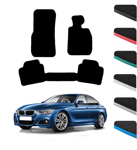 GCM - Car Floor Mats for BMW 3 Series F30 & F31 2012-2019 (one piece rear) Full Coverage Floor Protection - Fit Rubber Car Mats with Clips Easy to Clean Heavy Duty All-Weather- Black Edging, Carpet